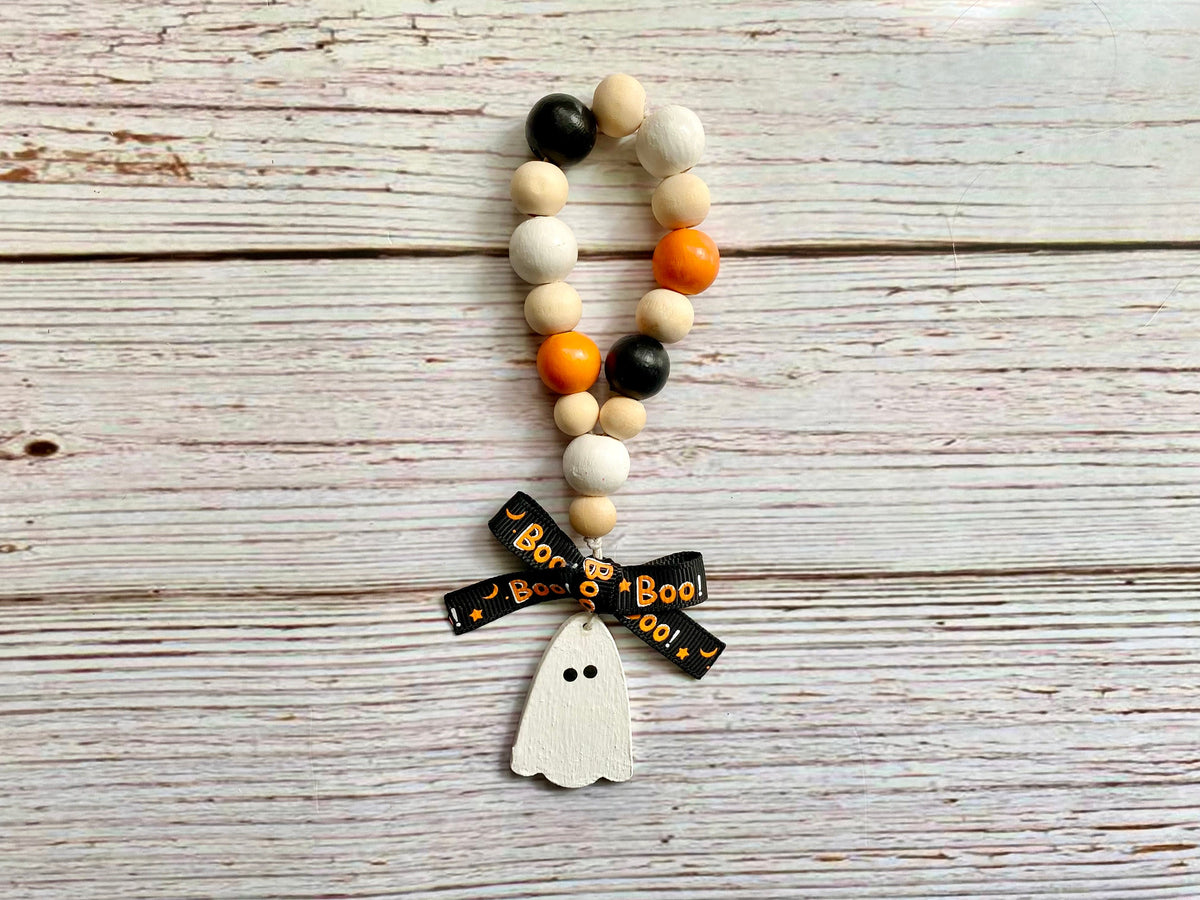 Ghost Halloween Decor: Wood Bead Garland, Bead Loop or Mini Rolling Pin