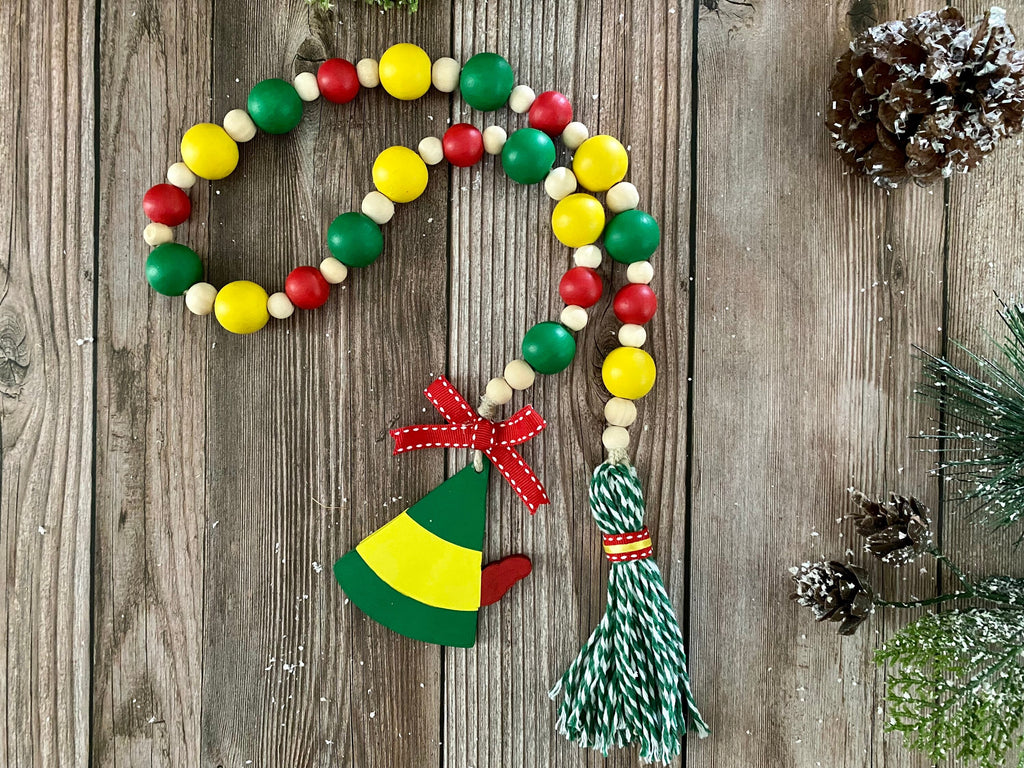 Elf Christmas Tiered Tray Decor Collection - matching Wood Bead garland, Mini Garland or Mini Rolling Pin