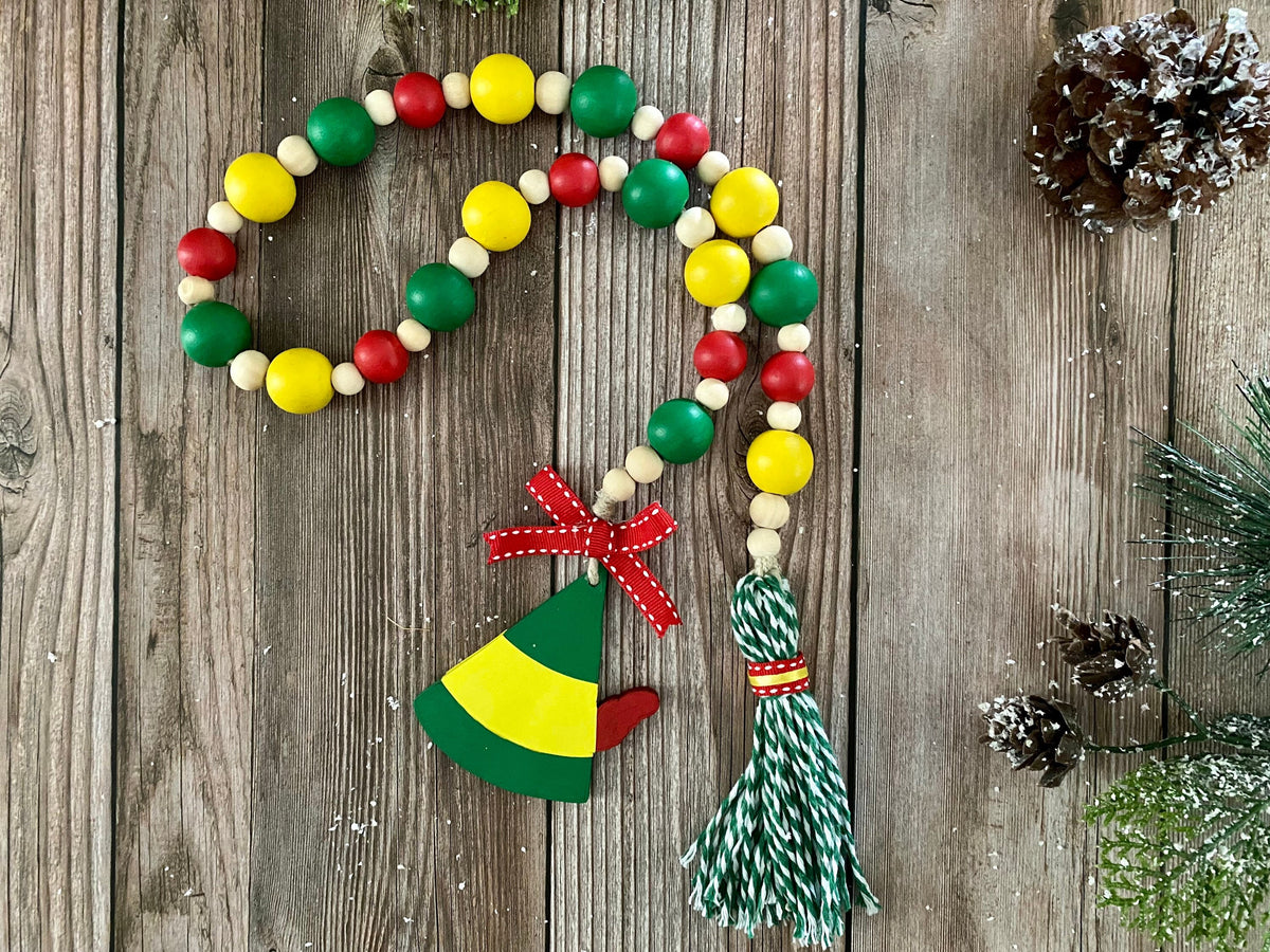 Elf Christmas Tiered Tray Decor Collection - matching Wood Bead garland, Mini Garland or Mini Rolling Pin