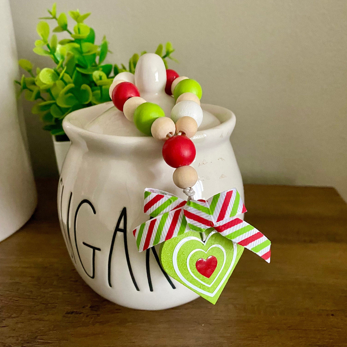 Christmas Bright Heart Mini Wood Bead Loop in Lime Green
