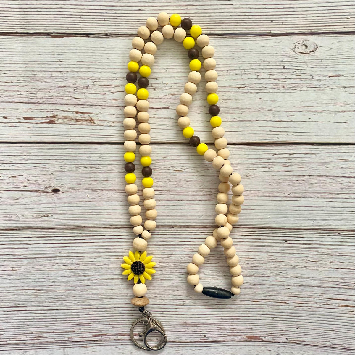 Sunflower Boho Wood Bead Teacher Lanyard